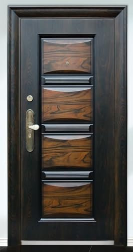 Porta Blindata da Esterno con Apertura Destra e Sinistra Sia Interna che Esterna Porta in Metallo con Spioncino Colore Marrone Effetto Legno P2 (Apertura interna sinistra, 90x210 cm)