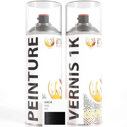 ipixline Kit Retouche Peinture Carrosserie Voiture - Bombe Aérosol Peinture Auto 400 ml, Vernis Brillant 1k 400 ml - Compatible avec Dacia - Noir 676