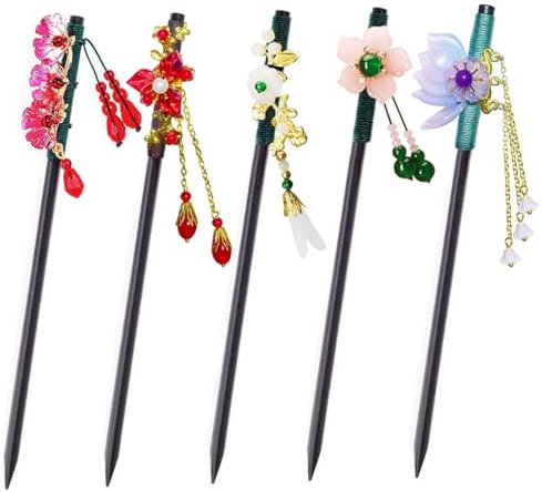PSOWQ 5 Piezas Palitos Pelo,Palitos Pelo Con Flores Vintage Pelo Pasador De Pelo Decoración Chino Horquilla Palillos Cabello Decorativas Tenedores Estilo Chino Madera Palo Pelo para Mujeres Y Niñas