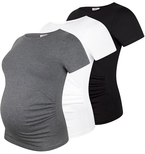 M.M.C. Umstandsshirt Kurzarm Damen 3er Pack – Umstandsmode Basic, unifarben, mitwachsende Raffung, 95% Baumwolle