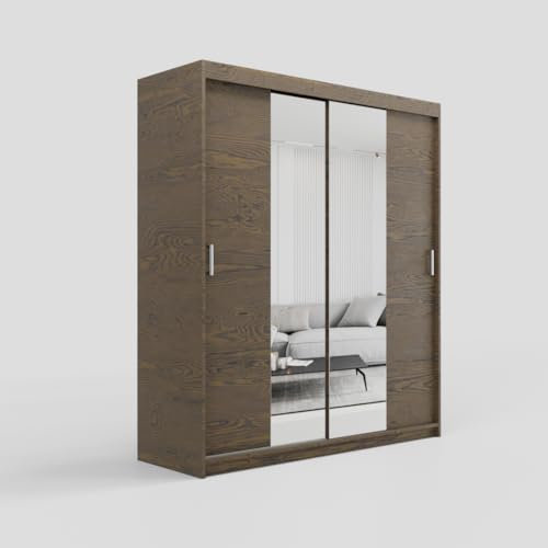 ELUKS IVY Double Sliding Doors Wardrobe with Mirror Drawers Furniture for Bedroom Living Room and Hall Wardrobe Organizer Width 100cm/120cm/150cm/180cm/200cm (Arvadonna Chestnut, 150cm+ 2 drawers)