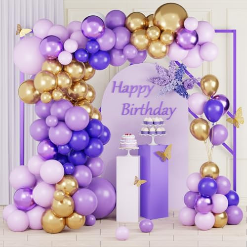 Kit Arco Palloncini Viola, 110Pz Palloncini Compleanno, Palloncini Lilla, Palloncini Oro, Arco Palloncini Lilla Pastello Con Dorati Per Decorazioni Compleanno, Baby Shower, Matrimonio, Battesimo Bimbo