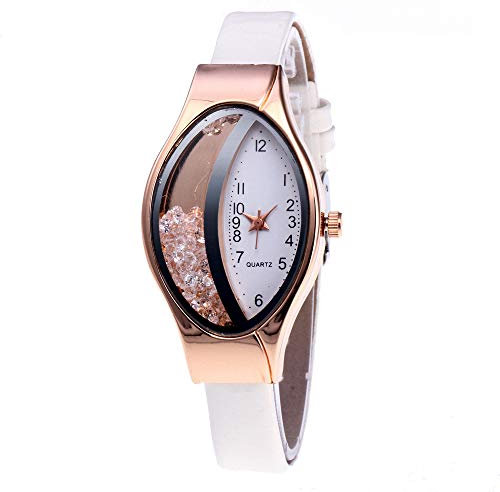 Damenuhruhr Edelstahl Dialogband kleine feine Uhr Frau Ellipse Semilunar Uhr Typ Sand-Damenuhr Damen Sportuhr Mini (White, One Size)