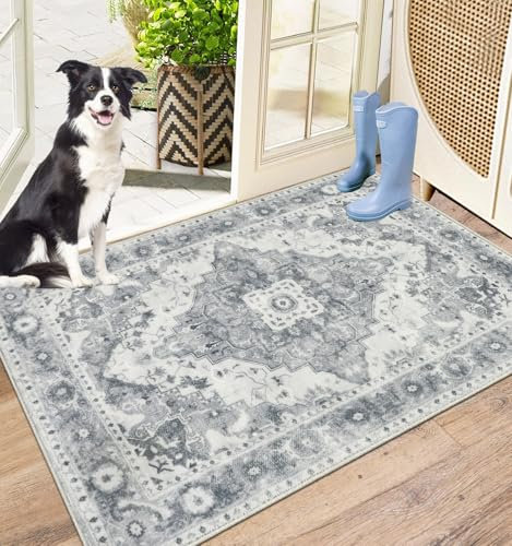 Capslpad Door Mat Indoor 60x90cm, Non-Slip Dirt Trapper Door Mat, Machine Washable Entrance Rug, Vintage Medallion Soft Inside Floor Carpet for Entryway, Front Back Door, Muddy Wet Shoes and Paws,Grey