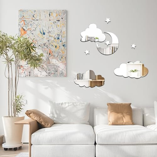 Shackcom 8 Stück 3D Wandtattoo Wolken Spiegel Wandaufkleber Selbstklebend Acrylspiegel Wandsticker DIY Wandtattoos Dekorative Wandspiegel Aufkleber für Wohnzimmer Schlafzimmer Dekor
