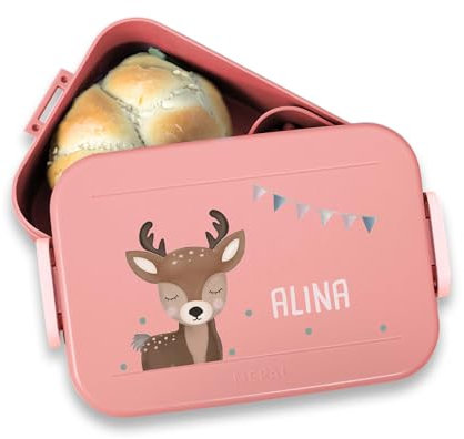 hellomini Mepal Brotdose - Personalisiert - Brotdose Kinder mit Fächern - Snackbox mit Fächern - Lunchbox, Bento Box Geschenk zu Einschulung - Einschulungsgeschenk (Reh Girlande, Pink)