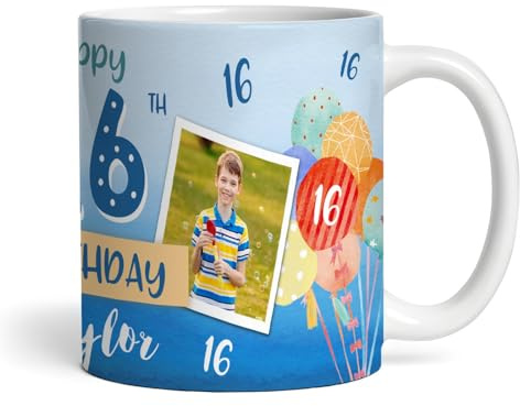 The Card Zoo 16th Birthday Gift for Boy Balloons Photo Tea Coffee Cup Personalised Mug - Gift for Birthday, Custom Personalised Gift, Coffee Mug, Tea Mug, Cup