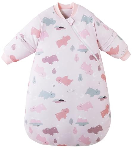 Chilsuessy Baby Schlafsack Winter Schlafsack mit abnehmbar Langarm Warm Kleinkinder Schlafsack für Jungen und Mädchen, Rosa Nilpferd/3.5 Tog, 80cm/Baby Höhe 75-90 cm