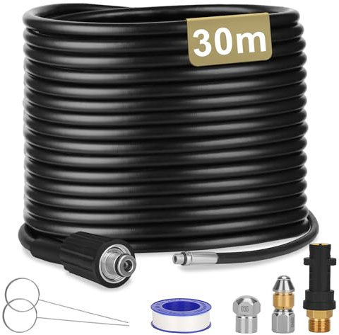 Ajiteogy Tubo Sturatubi da 30M per idropulitrice Kärcher K2 K3 K4 K5 K6 K7, con Getto, Ugelli Rotanti e Adattatori per Sbloccare Efficacemente i Tubi a 180 Bar