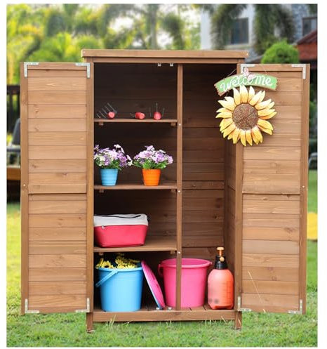 Wetterfester Outdoor-Schuppen mit Regalen, wasserdichtes Gartenhaus aus Holz, 140 cm hoch, Hinterhof, Aufbewahrungsschrank für Terrasse, Rasen, Braun