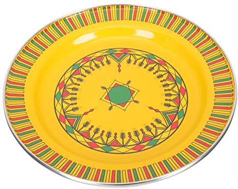 Amosfun Enamelware Plate 29cm Yellow Striped Fruit Serving Tray Ethnic Style Tableware for Restaurant and Home
