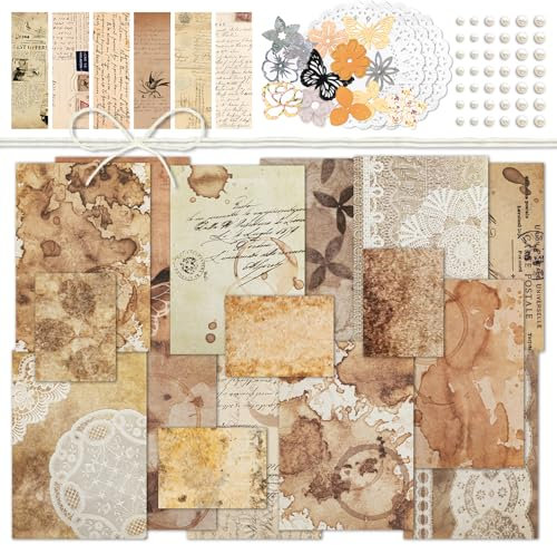 2 Packungen Vintage-Dekopapier, Retro-Scrapbooking-Papier, gealtertes Papier mit Kaffeeflecken, antikes geprägtes Kartenpapier mit Spitzenausschnitt, Washi-Streifen-Aufkleber für Tagebuch (Barista)