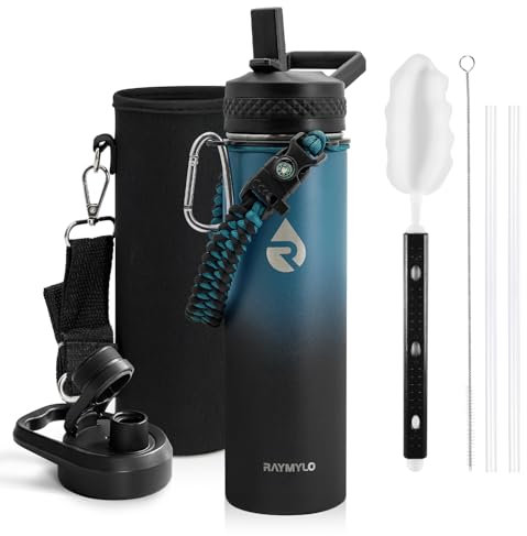 RAYMYLO Isolierte Wasserflasche, 590 ml, dreiwandig, vakuumiert, Edelstahl (kalt für 48 Stunden), auslaufsicher und BPA-frei, Kinderwasserflasche für Schule, mit Strohhalm-Auslaufdeckel,