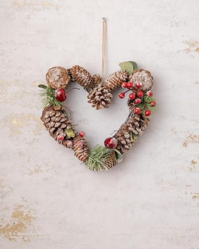 Marco Paul Heart Christmas Wreath - Pinecone & Red Berry Heart Shaped Frosted Wreath with Hanging Loop - Rustic Winter Front Door Wreaths, Festive Wall Decoration for Indoor Seasonal Xmas Decor