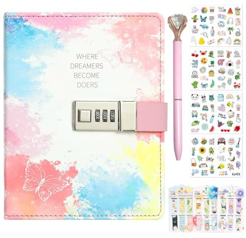 Diary with Lock for Girls, Secret Diary for Girls Age 6-14, 256 Pages Password Locked Journals with Pen Magnetic Bookmarks for Teen Girls, Birthday Gifts for 7 8 9 10 11 12 13 14 Year Old Girls