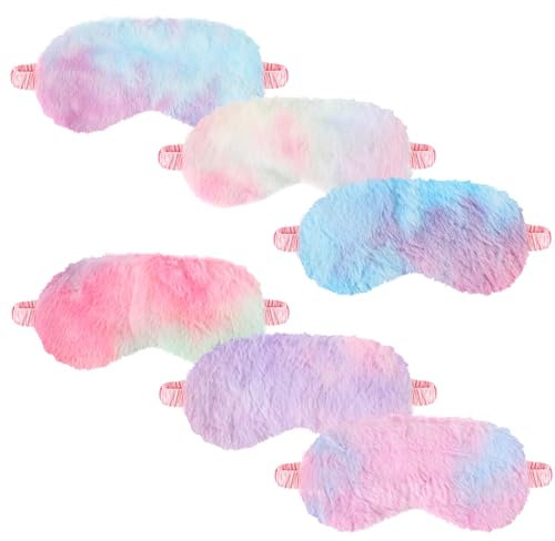 6 Stück Süße Schlafmasken Erwachsene Aus Plüsch Set Weiche Lustig Farbverlauf Regenbogen Schlafmaske Kinder Mädchen Pelzige Bunt Augenabdeckungen Mit Elastischem Band Für Frauen Schlafen Reise