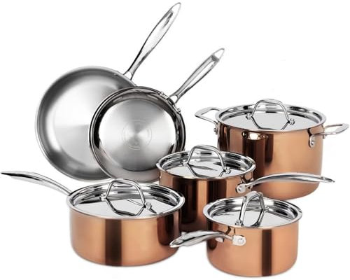 HJZSZX Whole Tri-ply Stainless Steel Pot and Pan Set 10 Piece Copper Pots and Pans Set with Stainless Steel Lid Induction,Copper SS 10 PC,10 pc