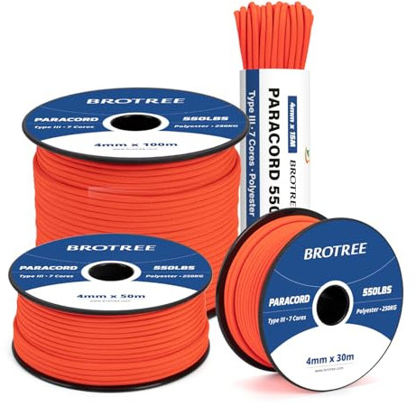 Brotree 550 Paracord 4mm 50m Schnur 100% Polyester Seil Reißfest Typ III 7 Kern für Armbänder, Basteln, Outdoor, Camping, Survival - Neon Orange