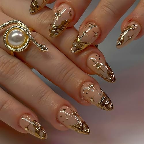 SXVME Gold French Tip False Nails Short Almond Press on Nails Nude False Nails With 3D Gold Irregularity Chrome Design Glue on Nails Glossy Acrylic Full Cover Star Moon Stick on Nails for Women 24 Pcs