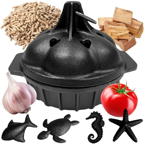 UKENEM Cast Iron Smoker Roaster, Smoker Box for Gas Grilling, Cast-Iron Garlic Roaster, 4PCS Iron Fish for Cooking, Garlic Cooker Cookware Smoke Box for Gas Grill, Pellet, Charcoal, Wood Chips BBQ