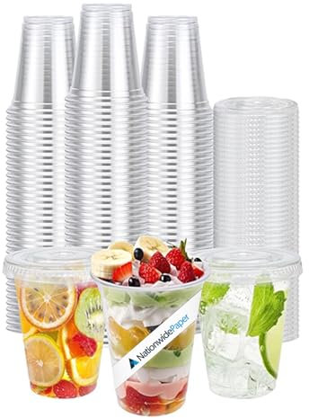 Nationwide Paper 10oz Crystal Clear Smoothie Cups with Flat lids, Perfect for Iced Coffee, Milkshake, Slurpee, Ice Cream, Razzle, Slush, Smoothy, Party's - Pack of 100