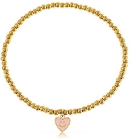 Made by Nami Goldenes Perlenarmband Damen Elastische Freundschaftsarmbänder mit Charms aus Chirurgischem Edelstahl Hypoallergen Wasserfester Schmuck Gold (Pink Heart)
