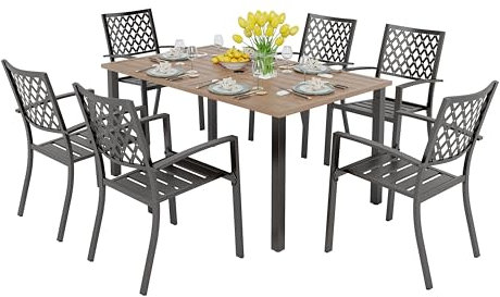 PHI VILLA Gartentisch mit 6 Stühlen Set Teakfarbener Gartentisch 6 mit 4cm Schirmloch und Stapelbare Stühle Metall Gartenmöbel Modern Terrasse Balkon Gartengarnitur Sitzgruppe für 6 Personen