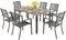 PHI VILLA Gartentisch mit 6 Stühlen Set Teakfarbener Gartentisch 6 mit 4cm Schirmloch und Stapelbare Stühle Metall Gartenmöbel Modern Terrasse Balkon Gartengarnitur Sitzgruppe für 6 Personen