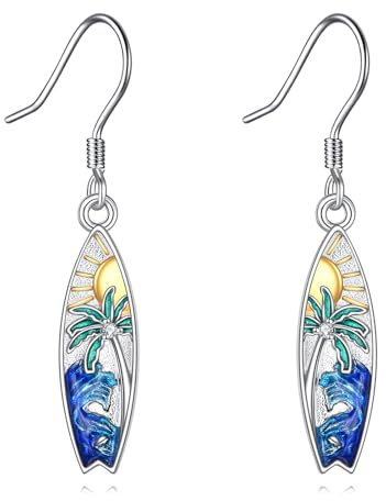 YONFQE Palmbaumohrringe Sterling Silber Surfboard Dangle Ohrringe Palmbaumschmuck Geschenke für Frauen