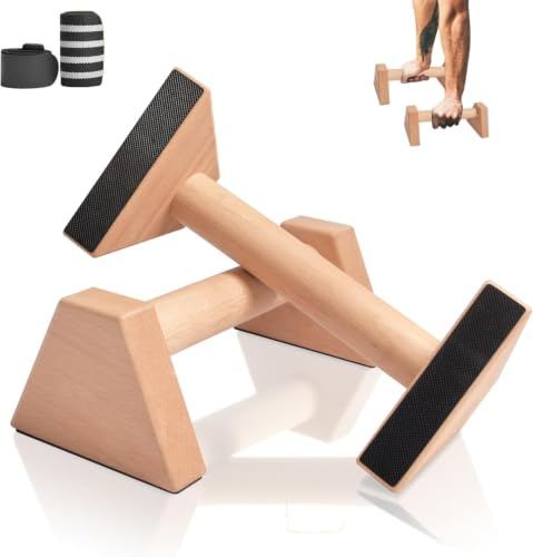 Liegestützgriffe aus Holz, 2er Set Push Up Bars, Handstand Griffe, rutschfestes Calisthenics-Equipment für Fitness, Gymnastik und Krafttraining & Handgelenkbandagen