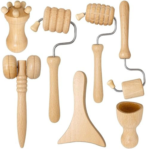 Kit de Madérothérapie Visage 7 Pièces, Outils de Massage en Bois Naturel | Coffret Gua Sha, Rouleau et Ventouse pour Massage Facial, Contours du Visage, Routine Beauté et Détente