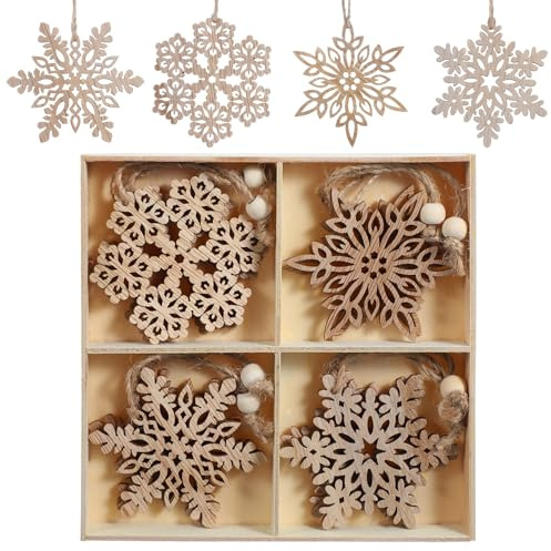 Larrel 12 Stück Weihnachten Holz Schneeflocken, 4 Versch Christbaumschmuck Weihnachten Schneeflocken Holzanhänger mit Jute Kordel Schneeflockens Dekoweihnachten für DIY Basteln Geschenk Weihnachtdek