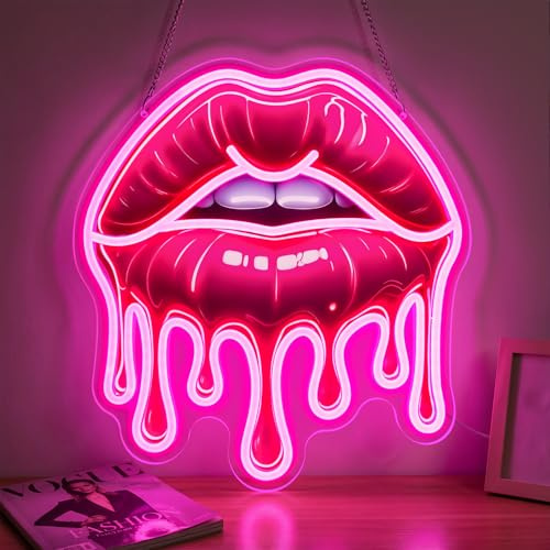 GGAQQ Dripping Lips Neon Sign for Wall Decor, Trendy Bright Pink UV LED Neon Light Hanging Sign USB Powered with Dimmable Switch for Bedroom Nail Salons Bar Dressing Table E-Sports Room Decorations