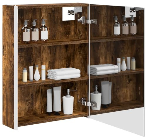 vidaXL Badezimmerspiegelschrank Geräucherte Eiche 73,5 x 15,5 x 70 cm, Stylischer Badezimmeroberfläche, Wandspiegel, Cooles Stauraum, Moderne Vanity, anpassbare Beleuchtung, Platz sparen