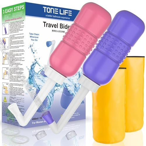2PCS-Pack Peri Bottle for Postpartum Essentials, Feminine Care 450ml Postpartum Perineal Cleansing 15oz Portable Bidet Travel Bidet with Waterproof Storage Bag (Pink+Blue)