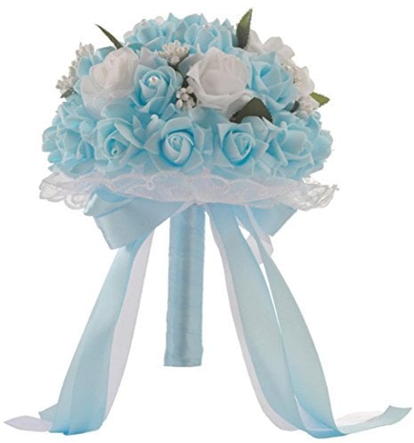 TIREOW Blumenstrauß Romantische Hochzeit Bunte Künstliche Hochzeitsstrauß Rosen Seidenblumen Seidenrosen Kunstblumen Blumen Brautstrauß der Braut (Blau)