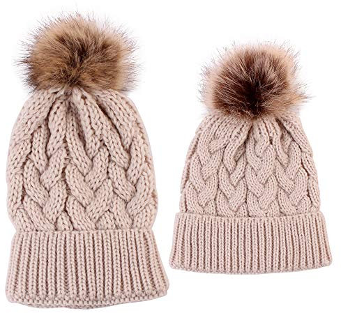 2PCS Mutter & Baby Strickmütze Winterwärmer Familie Häkelarbeithut Wollmütze Beanie Ski Hüte&Mützen (Khaki)