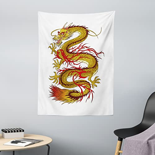 ABAKUHAUS Drachen Wandteppich, Fiery Character aus Weiches Mikrofaser Stoff Waschbar ohne Verblassen Digitaldruck, 110 x 150 cm, Senf Zinnoberrot Braun