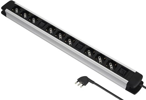 Electraline 61900, Multipresa Alu-Line 9 Posti Polivalenti (Schuko+10/16A) e 3 Interruttori Luminosi (3 Prese per Interruttore), 2M, con Corpo in Alluminio, Argento/Nero
