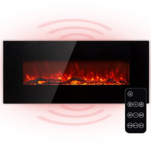 KLARSTEIN Lausanne Long - Cheminée électrique chauffante, Cheminee electrique effet flamme, 1600W, Puissance 2 niveaux, Verre trempé, Luminosité réglable, Télécommande, Montage Mural - Noir