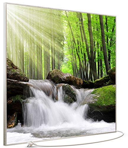 STEINFELD Bild Infrarotheizung mit Thermostat | Made in Germany | viele Motive 350-1200 Watt Rahmen silber (1200W, 065 Wasserfall Wald)