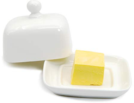 NAGU Small Rectangle Butter Dish with Lid, White Procelain Domed Cheese Dish with Handle Individual Serving Mini Butter Tray, Cute Ceramic Dessert Serving Bowl for Table, Countertop, Refrigerator