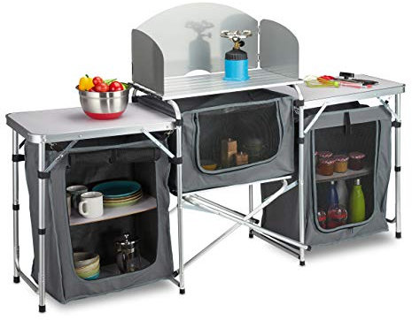 Relaxdays Campingküche klappbar, Outdoorküche Camping, inklusive Tragetasche, Aluminium-Gestell, Außenküche, weiß-grau, H x B x T: ca. 111 x 174 x 46 cm