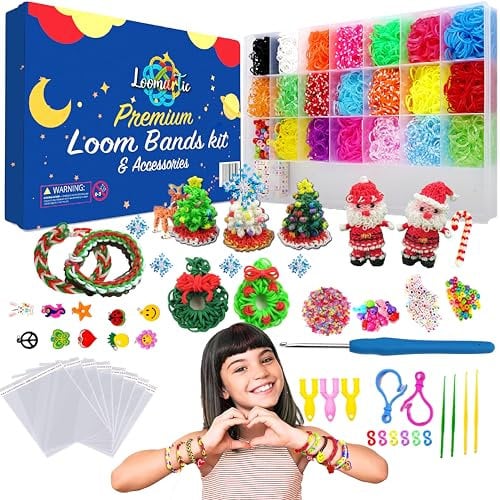 Loomartic 6000+Elastic Rubber Loom Bands Kit Premium Quality Loom Bands Kits for Girls in 20 Multi Colors with Bracelet Beads for Friendship Bracelet Making kit for Girls and Birthday Gifts for Girls