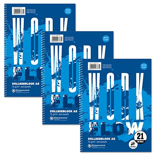 Staufen Style Collegeblock Workflow - DIN A5, 9mm liniert, 80 Blatt, 4-fach Lochung, extraweißes 70g/m² Qualitätspapier, 3 Stück