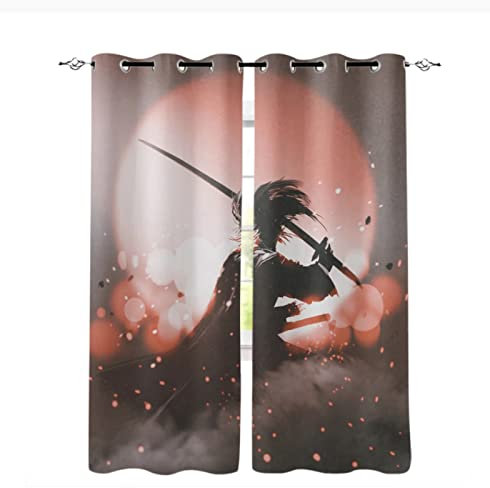 Gardinen mit Ösen Japanischer Samurai:Gardinen Vorhänge Wohnzimmer - 2Er Set Gardinen für Balkontür & Schiebetür 140x250cm