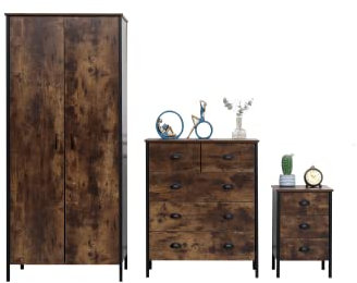 HOME MODERN Retro Industrial Style Bedroom Furniture 3 Pieces Set 2 Doors Wardrobe + (2+3) Drawers Chest + 3 Drawers Bedside Table for Bedroom Storage