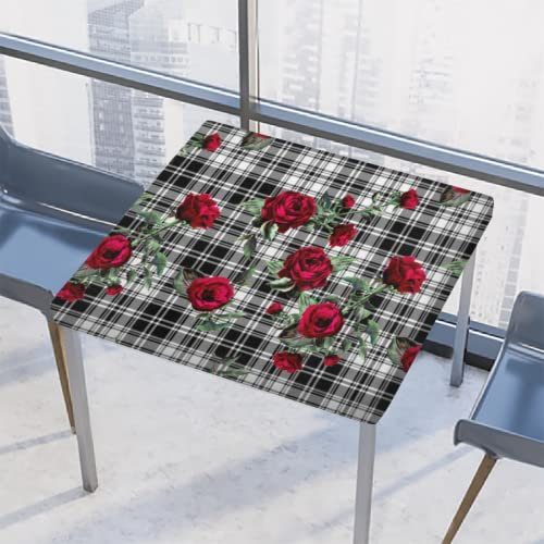 Gothnic Rose Flower Square Table Cloth Buffalo Plaid Checkered Elastic Fitted Table Cover Wipe Clean Non Slip Tablecloth for Party Home Decor Outdoor, 86,4 cm