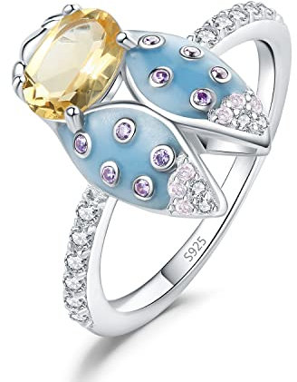JewelryPalace Süße Zikade Blauer Emaille Ovalschliff 1.1ct Echt Citrin Ring Damen, Gelb Naturstein Schmuck Set, Ring Silber 925 mit Schwarz Smaragd Lila Zirkonia, Schmuck Mädchen Geschenk Frauen 57