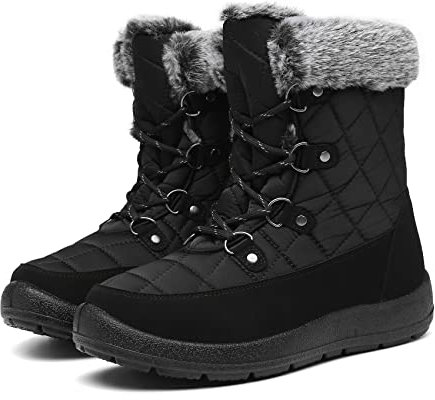 Women Winter Snow Boots ladies Non Slip Warm Ankle boots Waterproof Outdoor Walking shoes wide fit Flat Lace up Black UK 3